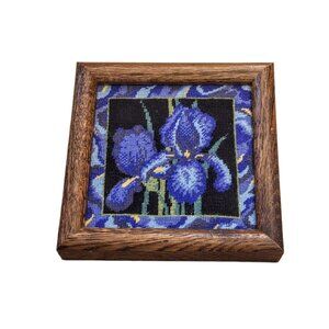 Oak Framed Blue Iris Floral Counted Cross Stitch 7”x7”